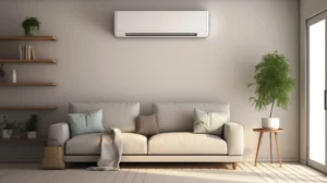 A beige sofa with cushions sits beneath a wall-mounted air conditioning unit in a modern living room with shelves, a plant, and natural light from a nearby window.