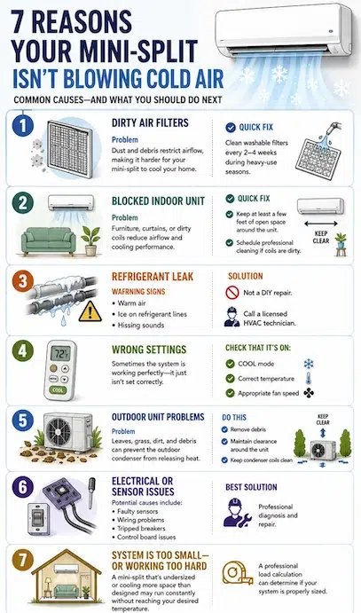 Infographic explaining seven common reasons a mini-split AC isn't blowing cold air, including dirty air filters, blocked indoor units, refrigerant leaks, incorrect thermostat settings, outdoor unit obstructions, electrical or sensor issues, and an undersized system.