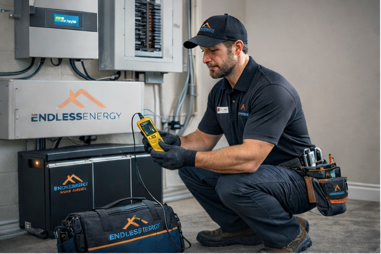 A technician in an Endless Energy uniform uses a handheld device to test equipment in a utility room, with tools and gear beside him.