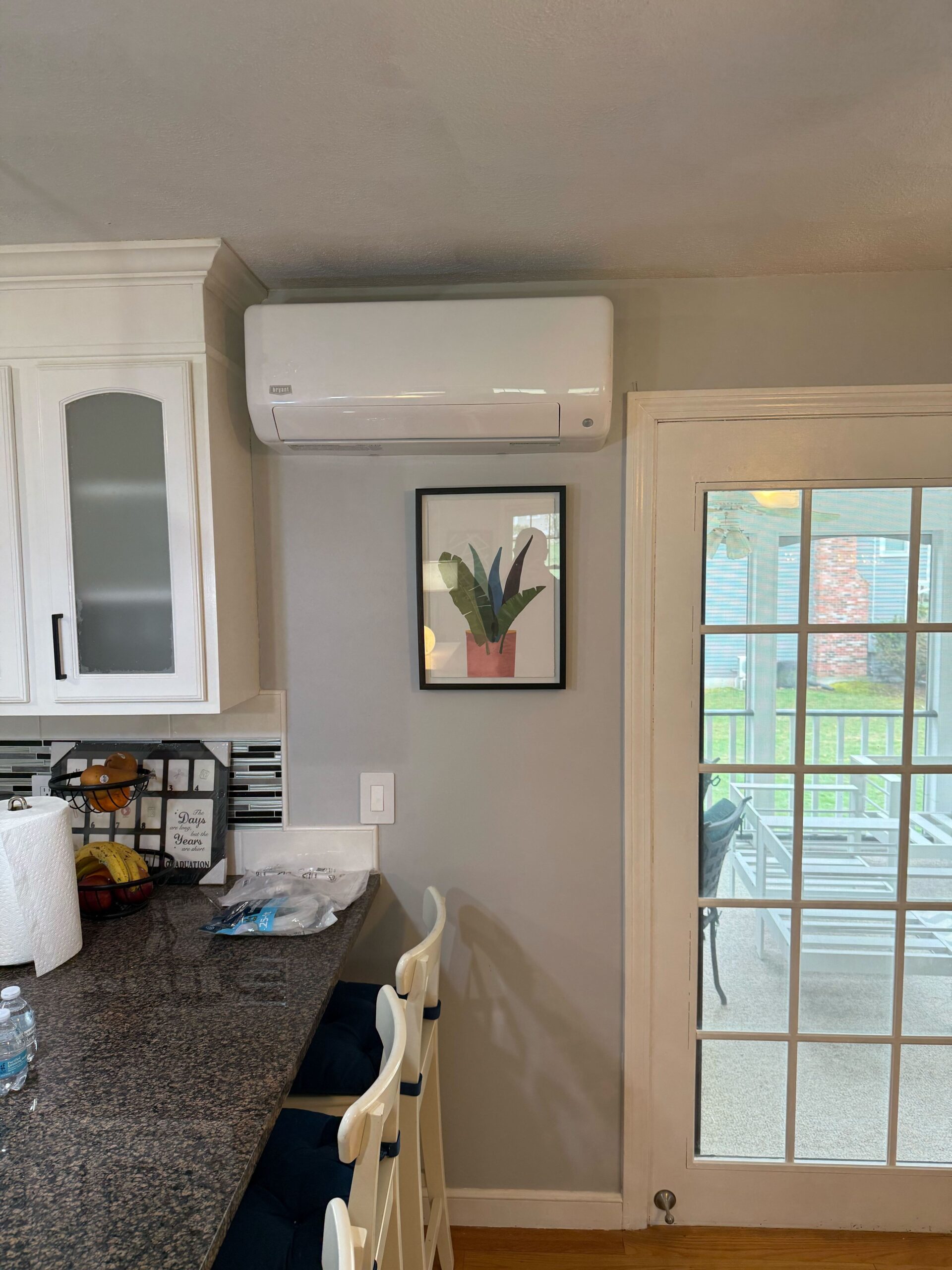 Wall-mounted air conditioning unit above a framed plant picture, next to a glass door and kitchen counter with chairs.