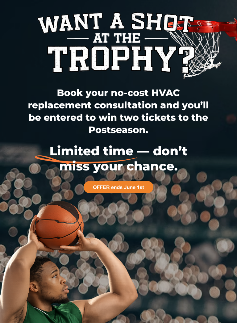 A basketball player prepares to shoot as a promotion offers entry to win postseason tickets with an HVAC consultation; the offer ends June 1.