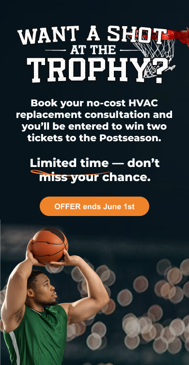 A basketball player prepares to shoot as a promotion offers entry to win postseason tickets with an HVAC consultation; the offer ends June 1.
