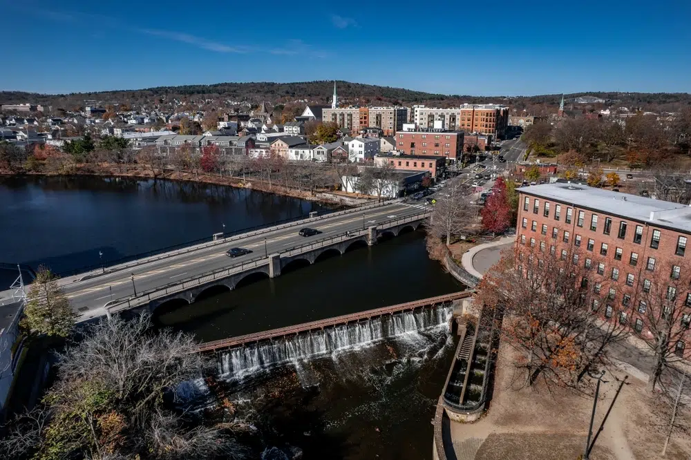 Aerial view of Waltham, Massachusetts and the Charles River