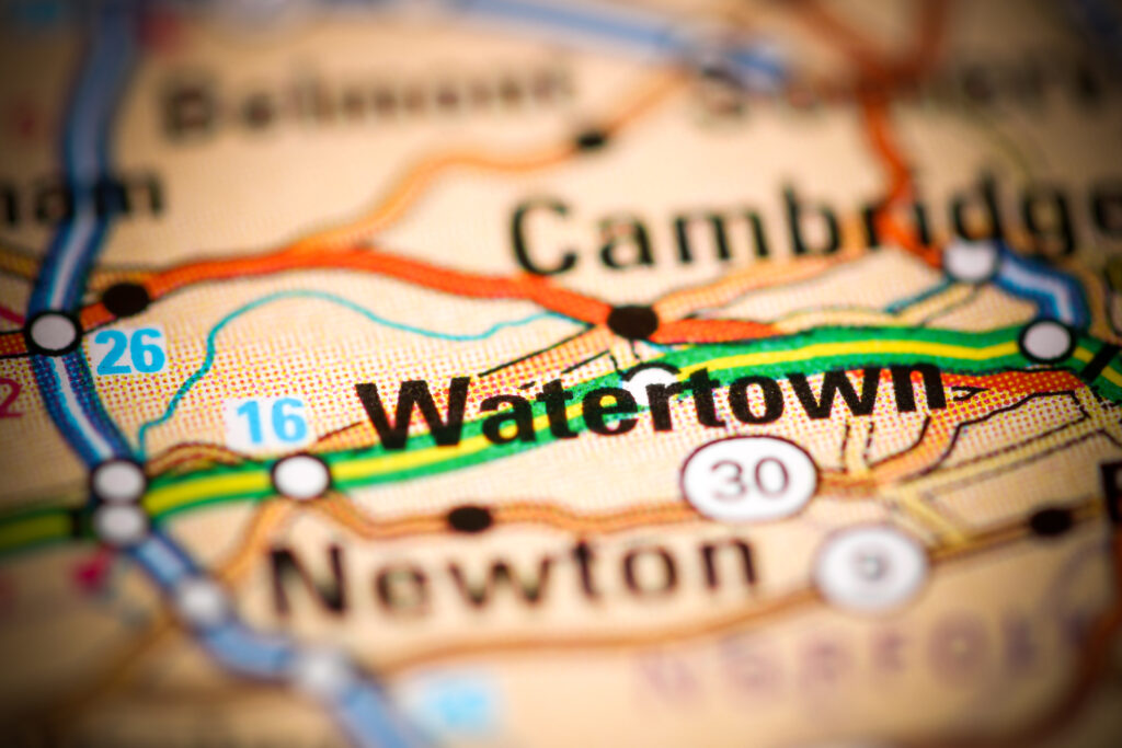 Watertown, Massachusetts on a geography map