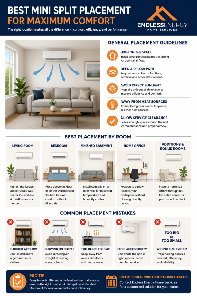 Infographic showing the best indoor placement for a ductless mini split system, including recommended locations for living rooms, bedrooms, finished basements, home offices, and additions, along with installation guidelines, common placement mistakes to avoid, and expert tips for maximizing comfort and energy efficiency in Massachusetts homes.