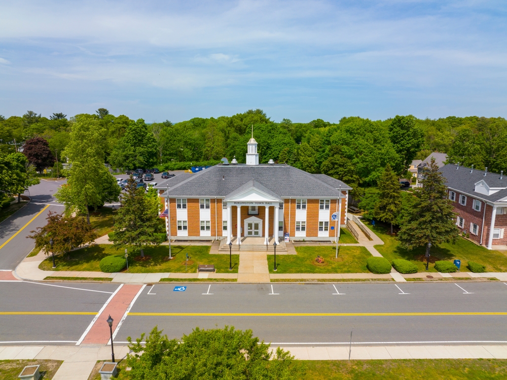 Burlington Town Hall aerial view in Burlington, Massachusetts