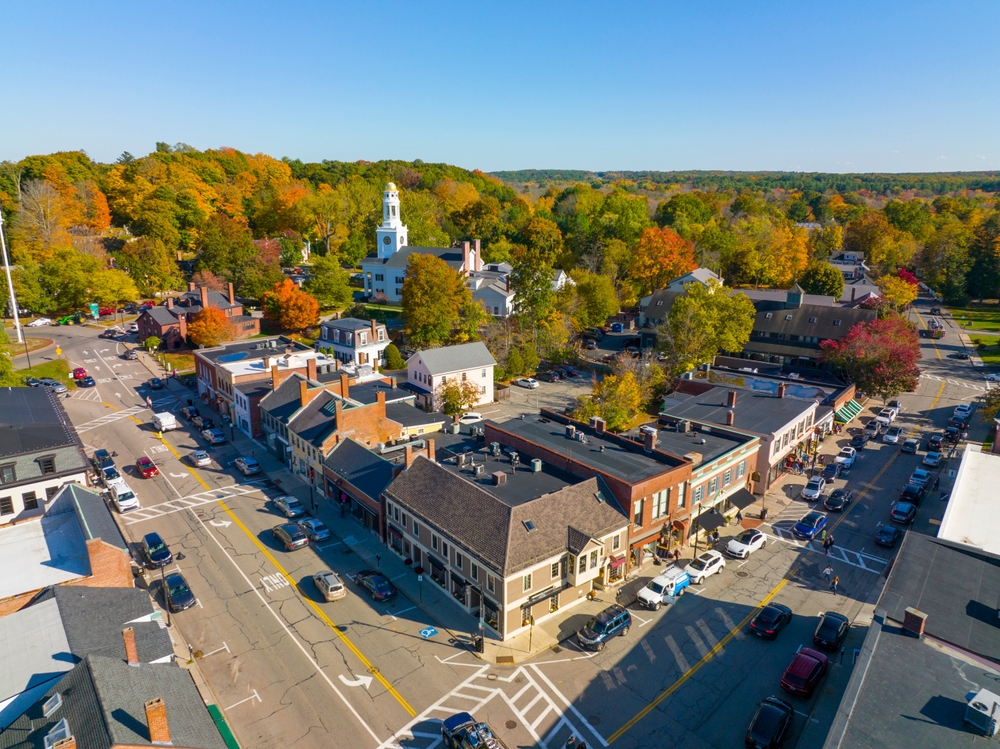 Concord historic town center aerial view in fall