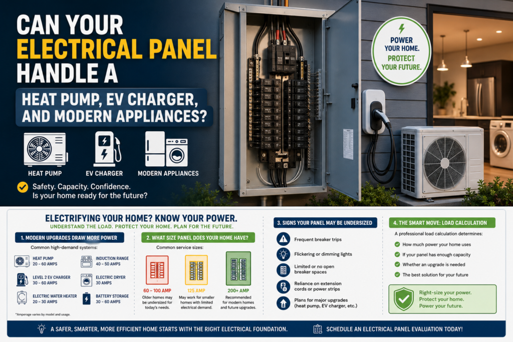 Infographic explaining whether an electrical panel can support a heat pump, EV charger, and modern appliances. Includes electrical load requirements, common panel sizes (60–100 amp, 125 amp, and 200+ amp), warning signs of an undersized panel, and the benefits of a professional electrical load calculation before adding high-demand equipment.