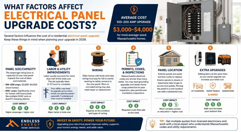 Endless Energy infographic explaining six factors that affect electrical panel upgrade costs, including panel size, labor, wiring, permits, panel location, and additional upgrades.