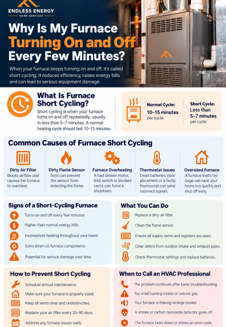 Endless Energy infographic showing common causes of furnace short cycling, warning signs, troubleshooting steps, prevention tips, and when to call an HVAC professional.