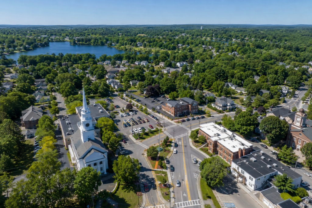 Aerial view of Holliston, MA downtown under bright sunlight