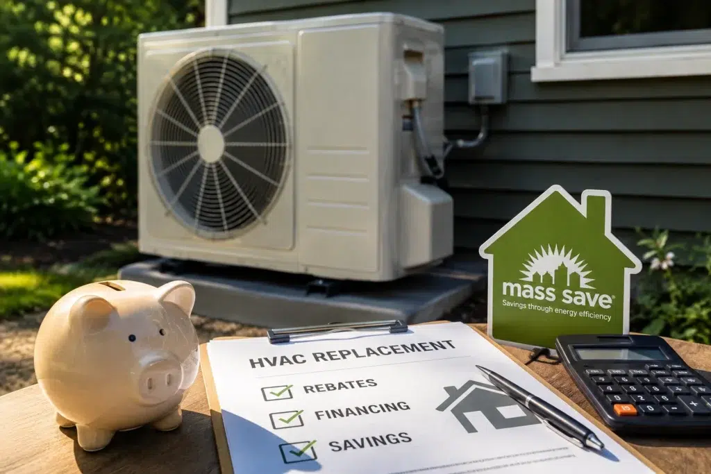 HVAC replacement unit with a piggy bank, calculator, and checklist representing rebates, financing, and savings for Massachusetts homeowners.