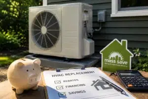 HVAC replacement unit with a piggy bank, calculator, and checklist representing rebates, financing, and savings for Massachusetts homeowners.