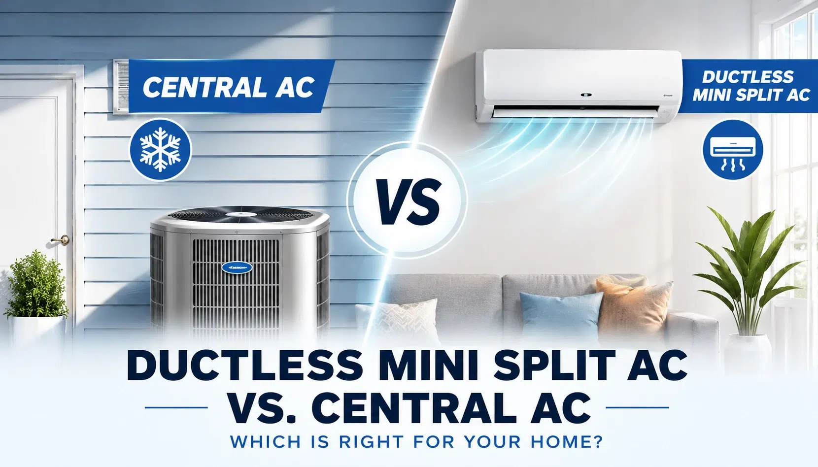 comparison graphic showing a central air conditioning system vs. a ductless mini split AC system in a split-screen home setting