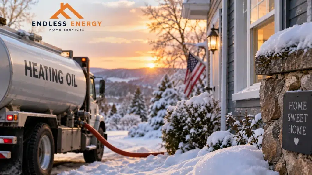 Heating oil delivery truck outside a snow-covered New England home, illustrating rising winter heating oil costs for Massachusetts homeowners.