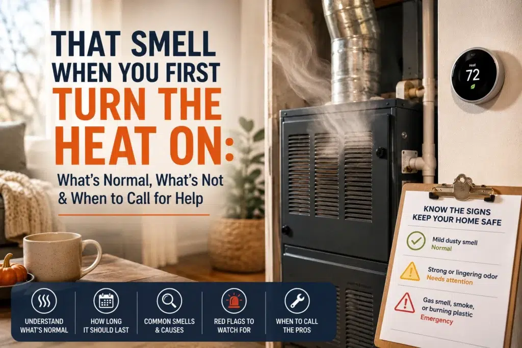 Furnace emitting a slight burning smell during the first heating cycle, with a thermostat and safety checklist showing normal and potentially dangerous furnace odors.