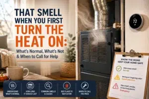 Furnace emitting a slight burning smell during the first heating cycle, with a thermostat and safety checklist showing normal and potentially dangerous furnace odors.