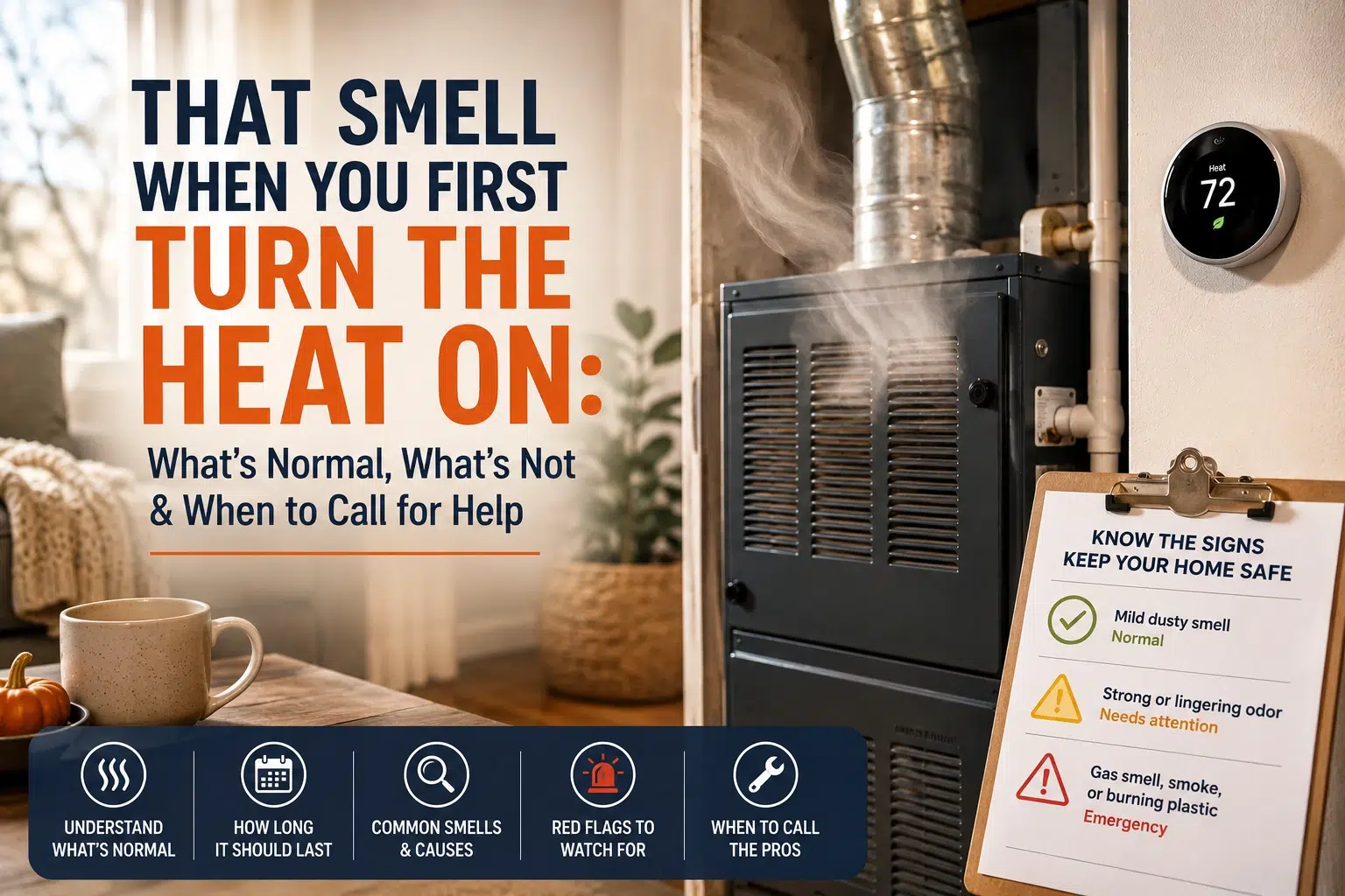 Furnace emitting a slight burning smell during the first heating cycle, with a thermostat and safety checklist showing normal and potentially dangerous furnace odors.