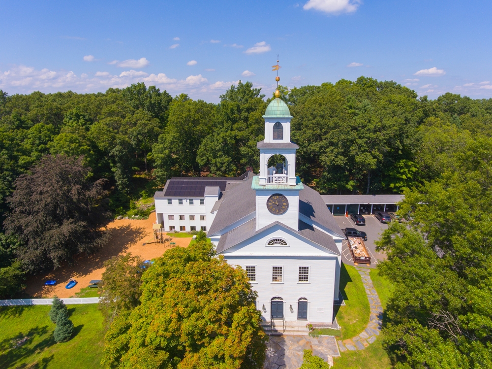 Sudbury historic town center aerial view in summer including First Parish of Sudbury Church, Town Hall at Town Common, town of Sudbury, Massachusetts MA, USA.