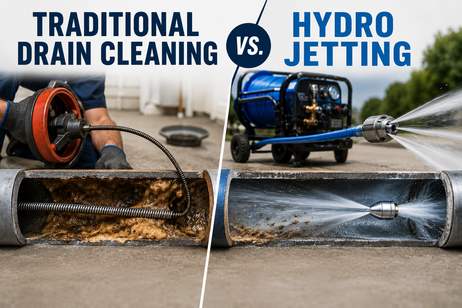 Side-by-side comparison of traditional drain cleaning and hydro jetting, showing a drain auger clearing a clogged pipe on the left and a high-pressure hydro jet nozzle thoroughly cleaning a pipe on the right. The image highlights the difference between standard drain snaking and hydro jetting for sewer and drain line maintenance.