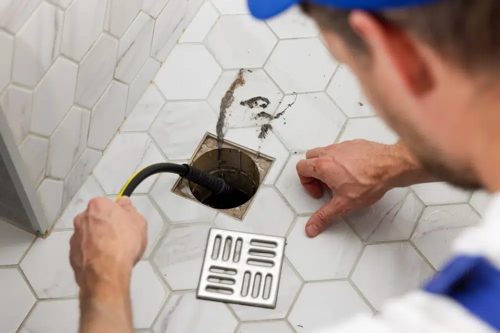 Plumber unclogging blocked shower drain