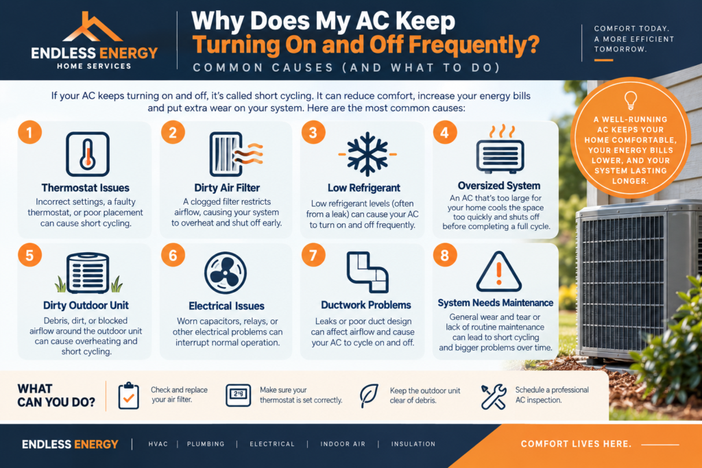 Endless Energy infographic showing eight common reasons an AC frequently turns on and off, including thermostat, airflow, refrigerant, electrical, and maintenance issues.
