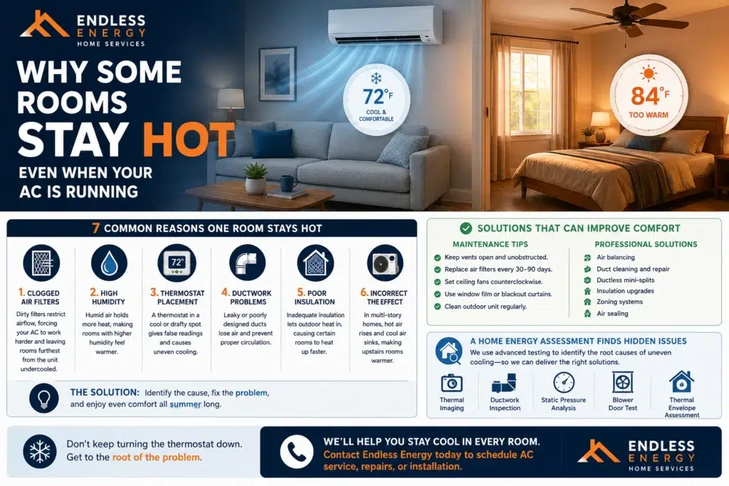 Endless Energy infographic showing common causes of uneven cooling and why some rooms stay hot even when the AC is running.