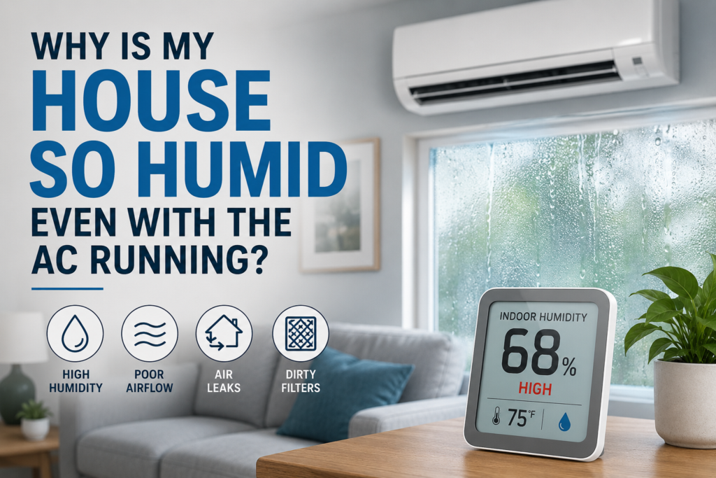Air-conditioned living room with condensation-covered window and a digital humidity monitor showing high indoor humidity, illustrating why a house may feel humid even while the AC is running.