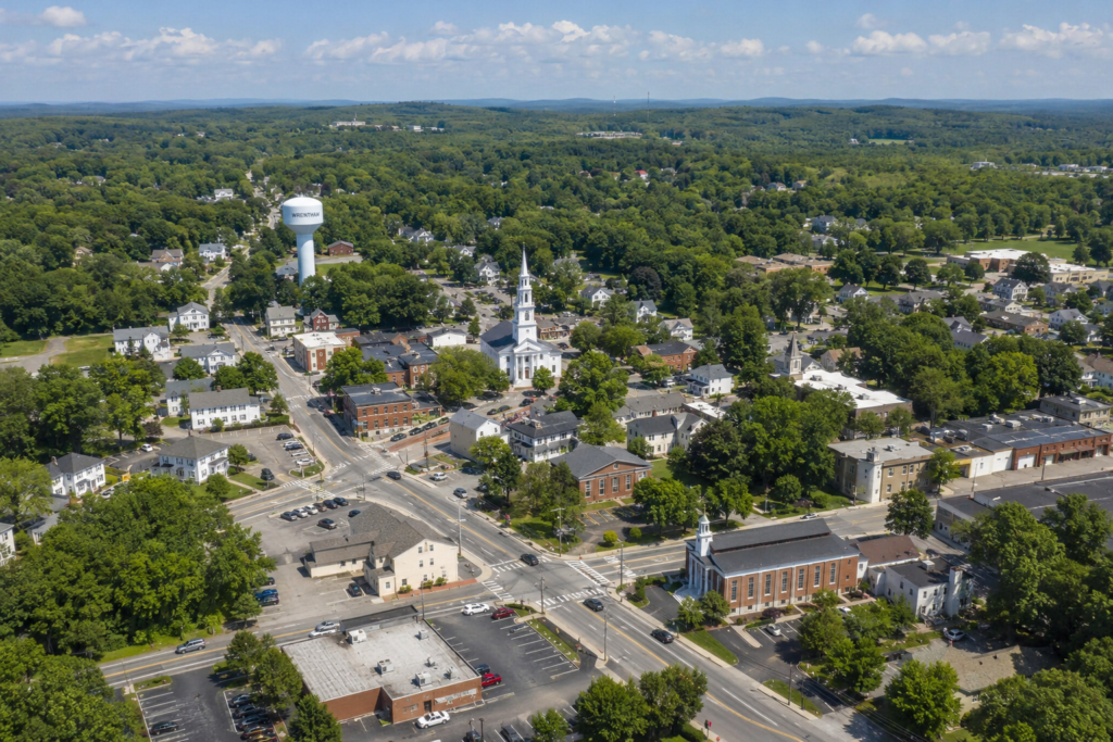 aerial image of wrentham, ma downtown area
